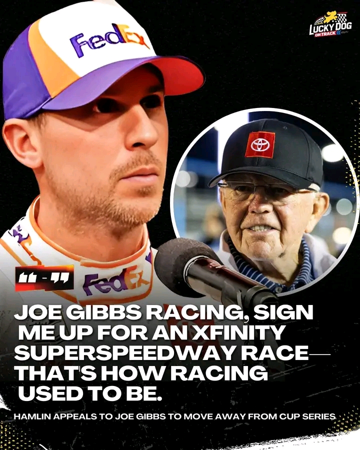Tired of the stale, two-by-two pack racing in the Cup Series, Denny Hamlin is eyeing the Xfinity Series for a taste of real competition 💤. As the Next Gen cars face growing criticism for limiting excitement and overtaking, Hamlin praised Xfinity’s thrilling superspeedway action and urged Joe Gibbs Racing to put him back where racing still feels alive 💬🔥. Could this signal a shift in where NASCAR’s true action lives…..