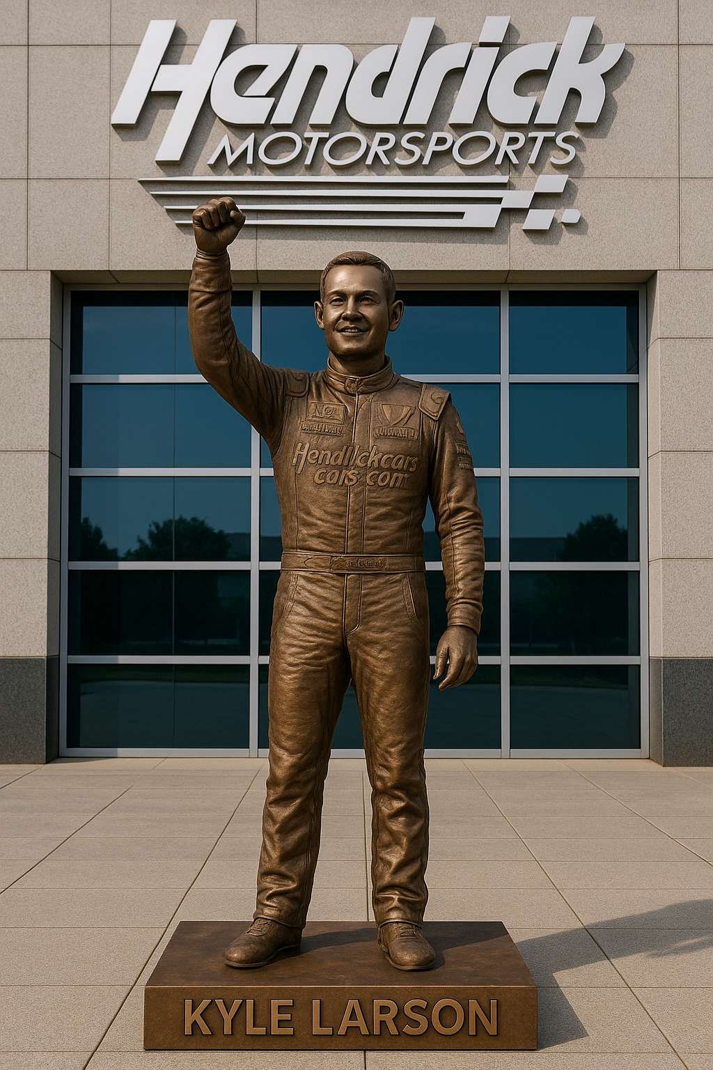 DROPPING THE HAMMER: Hendrick Motorsports has Unveil Statue Honoring Kyle Larson by renowned commemoratiing his remarkable journey and achievement in #NASCAR, in Concord, North Carolina, the life-size bronze statue captures Larson in his iconic after…..